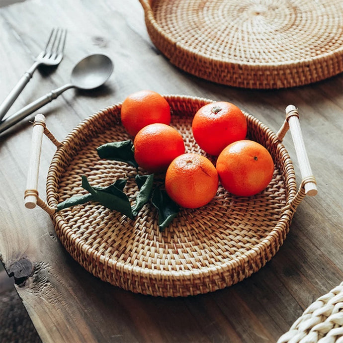 Handwoven Wooden Handled Rattan Trays